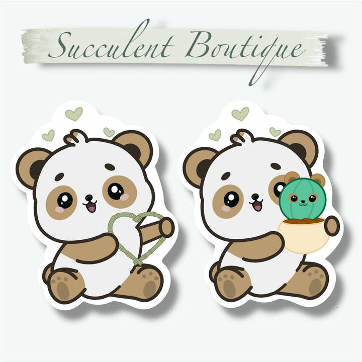 Cute Panda Holding Bamboo Heart & Ruby Sticker Set for wholesale by Succulent Boutique