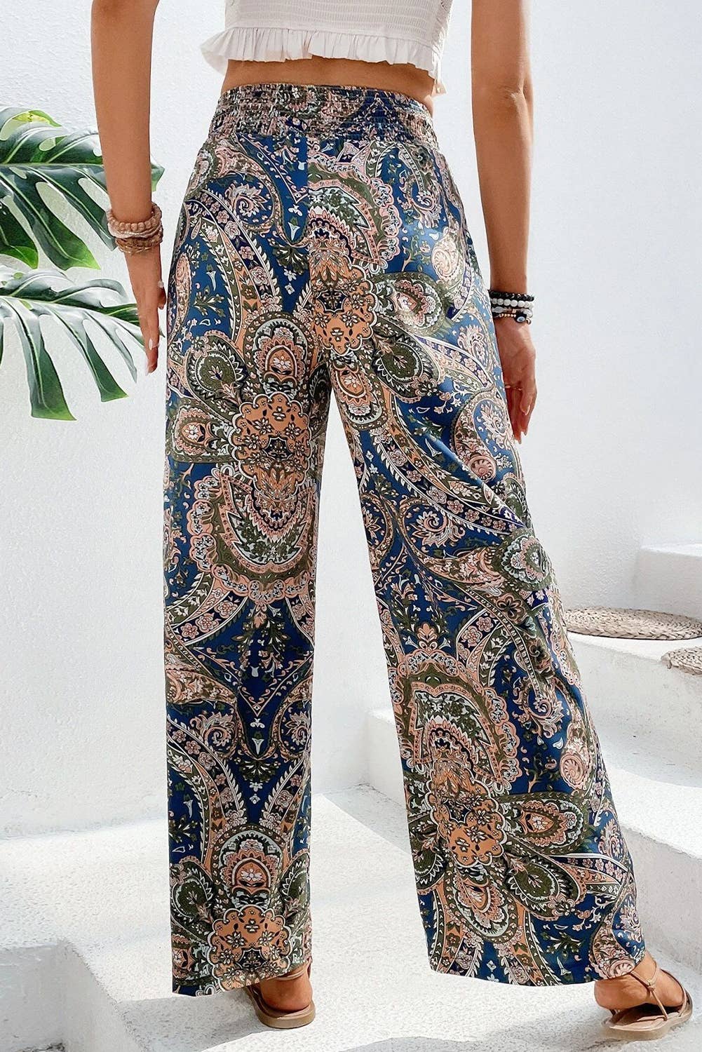 1 the Woman - Wholesale Pants - Women's - Paisley Print Boho Elastic Waist Wide Leg Pants5