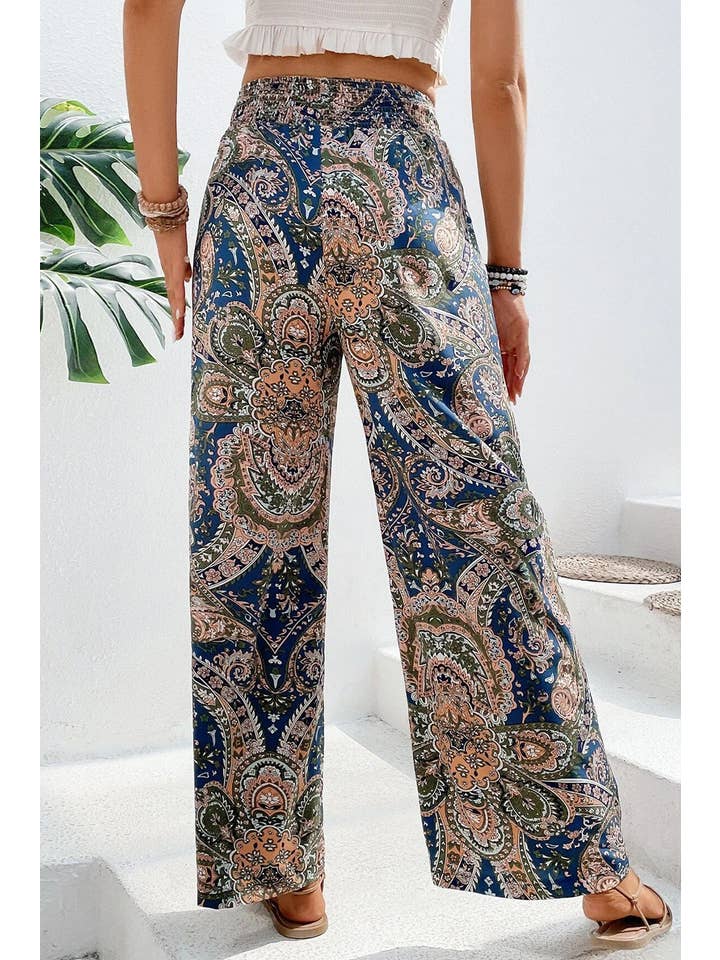 1 the Woman - Wholesale Pants - Women's - Paisley Print Boho Elastic Waist Wide Leg Pants5