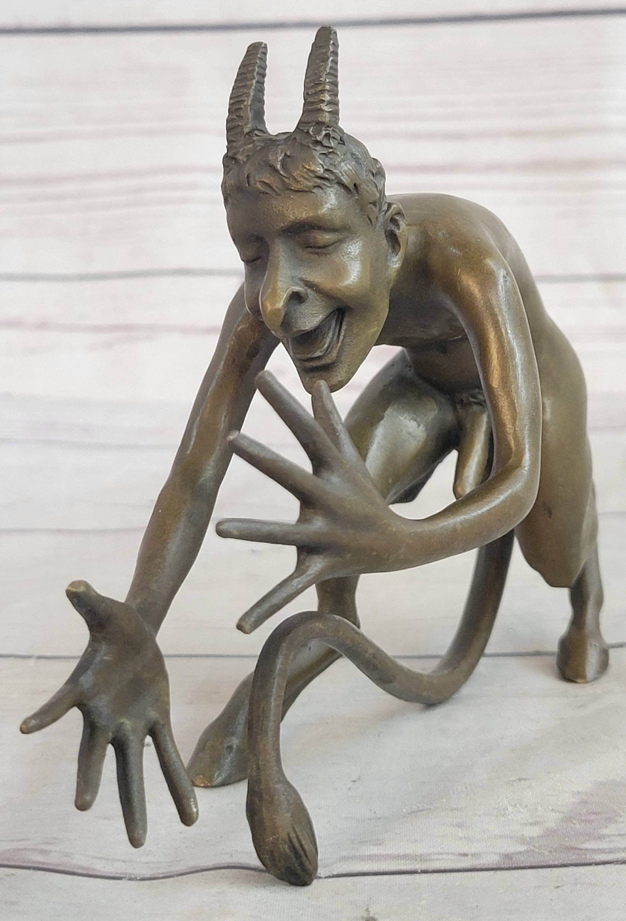 Bronzhaus - Wholesale Sculpture - Greek Satyr Chasing Nymph Bronze Figurine Sculpture Demon Horny Devil Satan 5" x 7"3