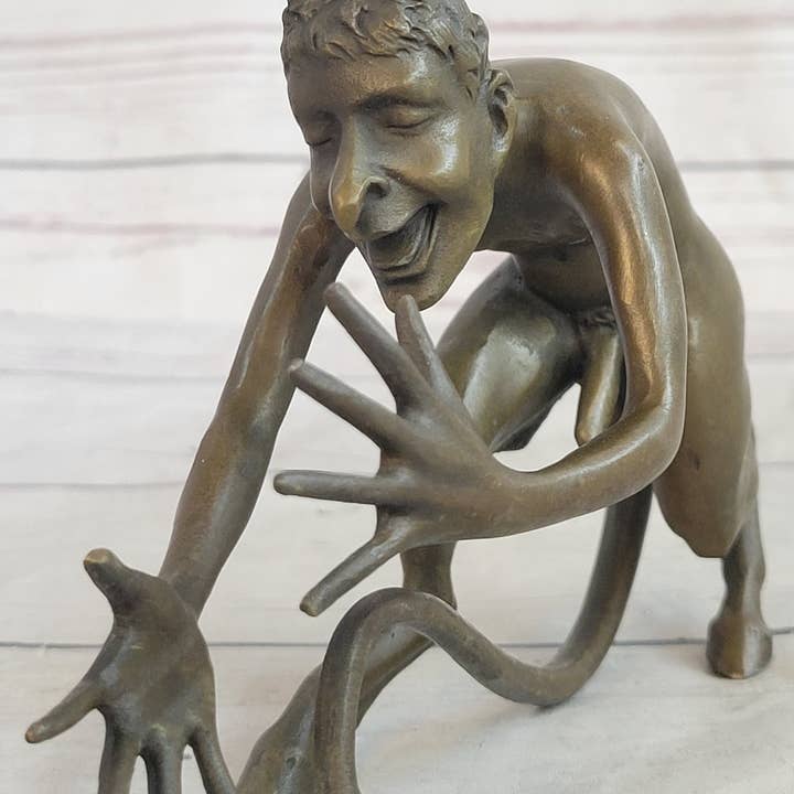 Bronzhaus - Wholesale Sculpture - Greek Satyr Chasing Nymph Bronze Figurine Sculpture Demon Horny Devil Satan 5" x 7"3