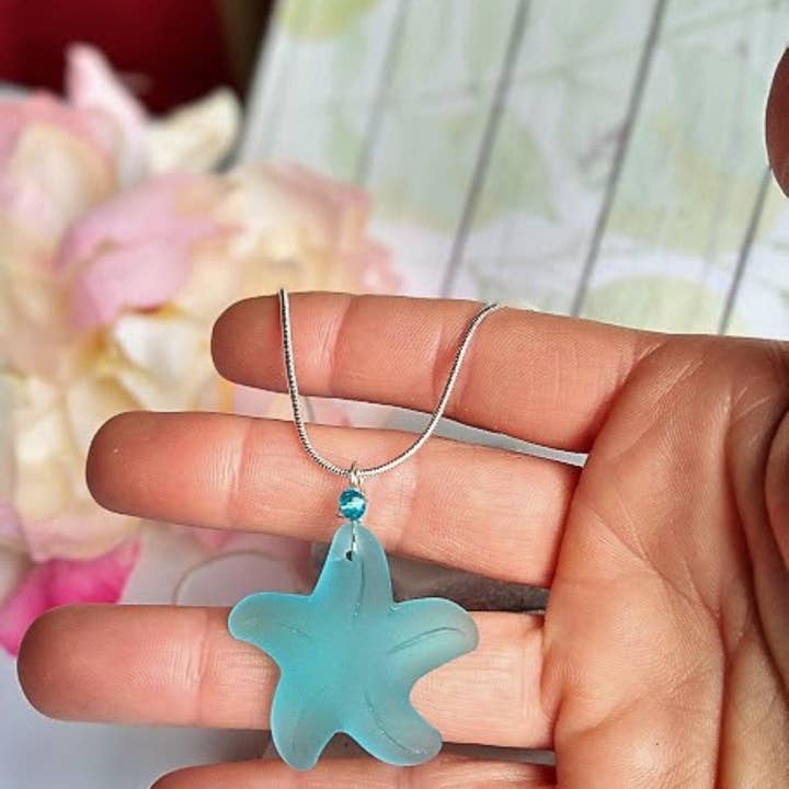 Bad Apple Designs - Wholesale Pendant/Charm Necklace - Caribbean Blue Starfish Sea Glass Pendant, Silver Snake Chain 18 Inch Necklace-Beach Charm-Ocean Lover's Gift