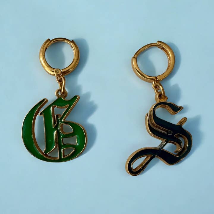 Enamel Old English Initial Huggies for wholesale by Anna Lou of London