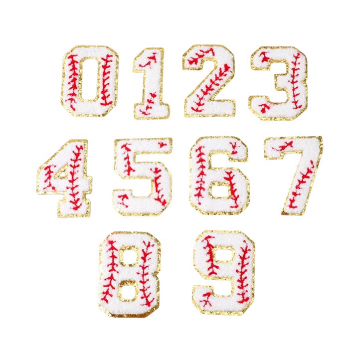 Honkbalnummer met gouden glitterpatchset voor wholesale door The Charm Bar Company