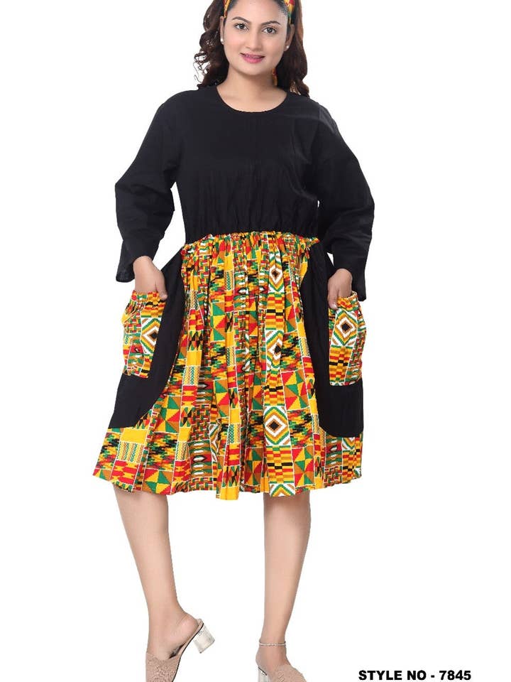 KaraChic - Wholesale Dress - Women's - 7845 - Women's Duo-Tone Solid & African Printed Dress