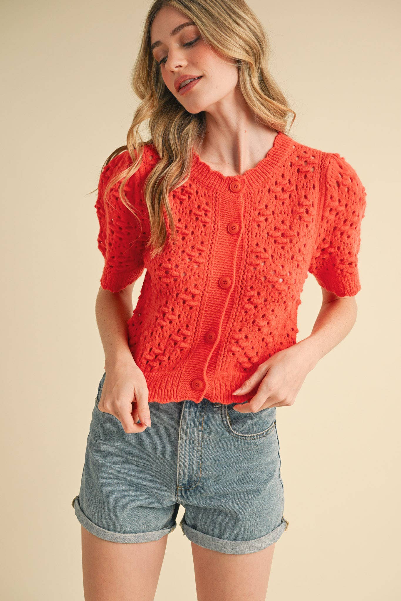 &MERCI - Wholesale Cardigan - Women's - CROPPED POINTELLE BUTTON DOWN SWEATER CARDIGAN MSW1085718