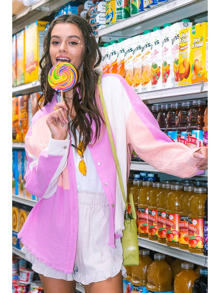 VERY J - Wholesale Button Down Shirt - Women's - NT10324-Color Blocked Button Down Shirt7