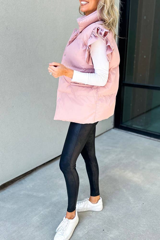 UNISHE – Colete - Mulher por atacado – Casaco Puff com Mangas Flutter Liso Buttoned CY1489