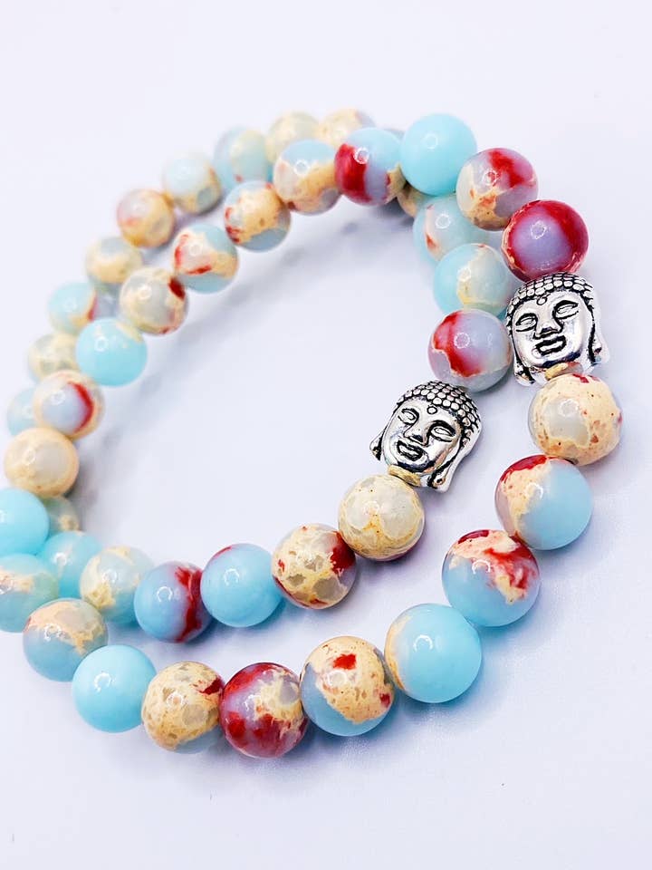 Breloque Aqua TerraJasper avec tête de Bouddha en étain pour la vente par B.Birdwatcher Spiritual Stones