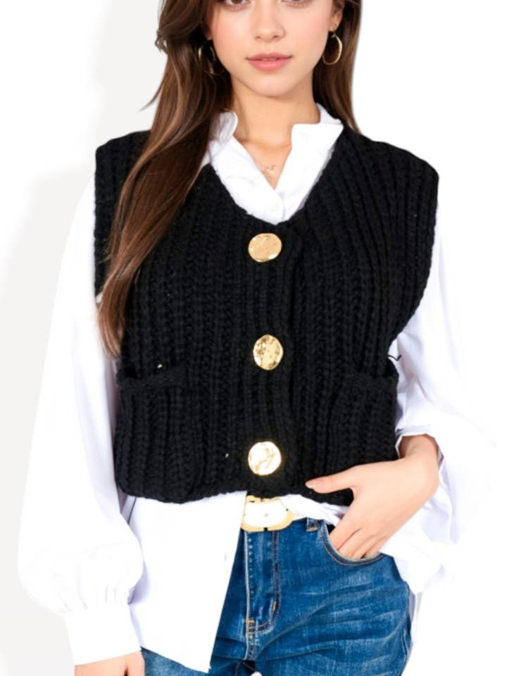Chunky Knit Vest with Oversized Buttons and Front Pockets for wholesale by Anna Kaci Wholesale