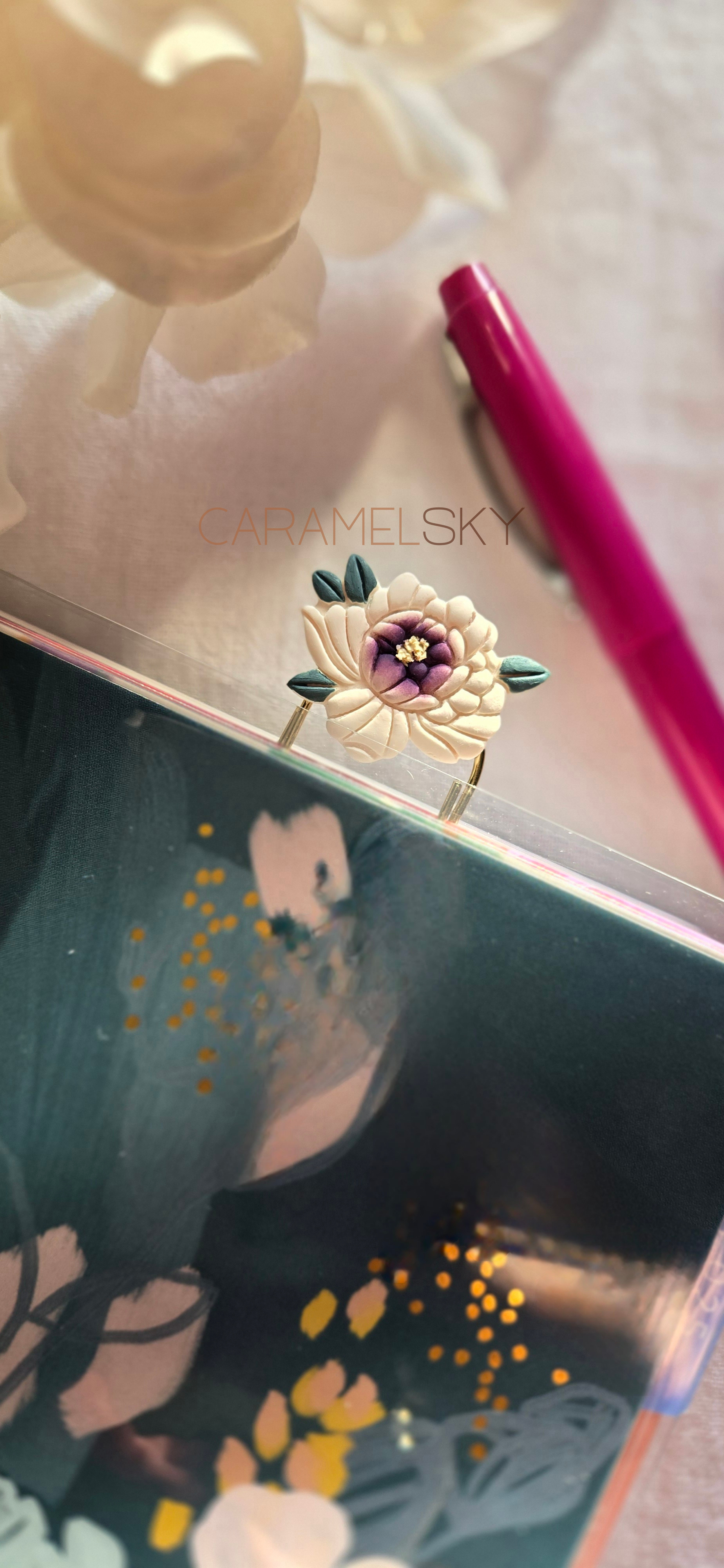 Caramel Sky – wholesale Bookmark – Handmade Peony Flower Paperclip Bookmark, Clay Bookmark4