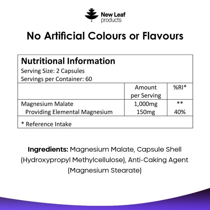 New Leaf products Ltd – wholesale Oral supplement/vitamin – Magnesium Malate Capsules (120) High Strength 1000mg Vegan5
