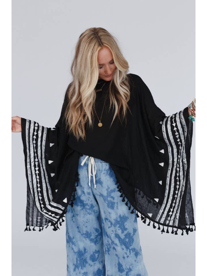 Three Bird Nest - Wholesale Poncho - Women's - Fallon Embroidered Sleeve Tassel Poncho - Black1