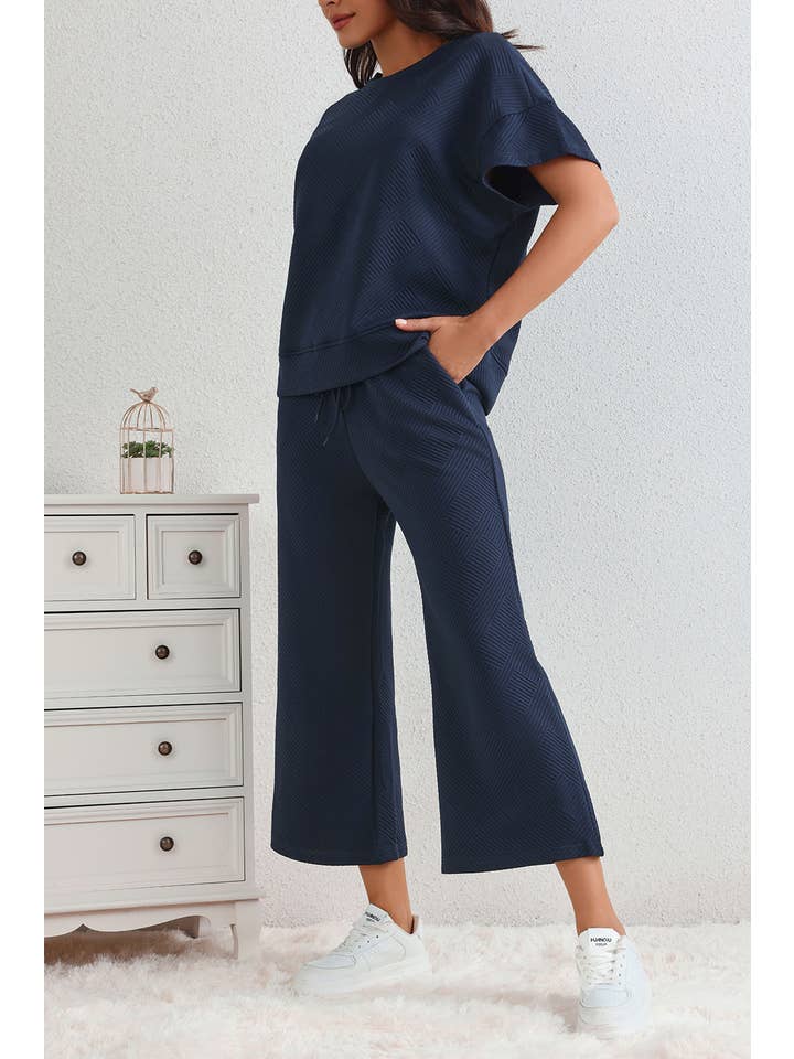 LA Society - Wholesale Lounge Set - Women's - Textured Loose Fit T Shirt and Drawstring Pants Set (S-2XL)