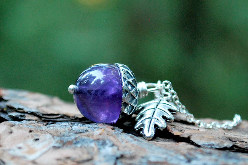 Enchanted Leaves - Wholesale Pendant/Charm Necklace - 18" Amethyst and Silver Acorn Necklace10