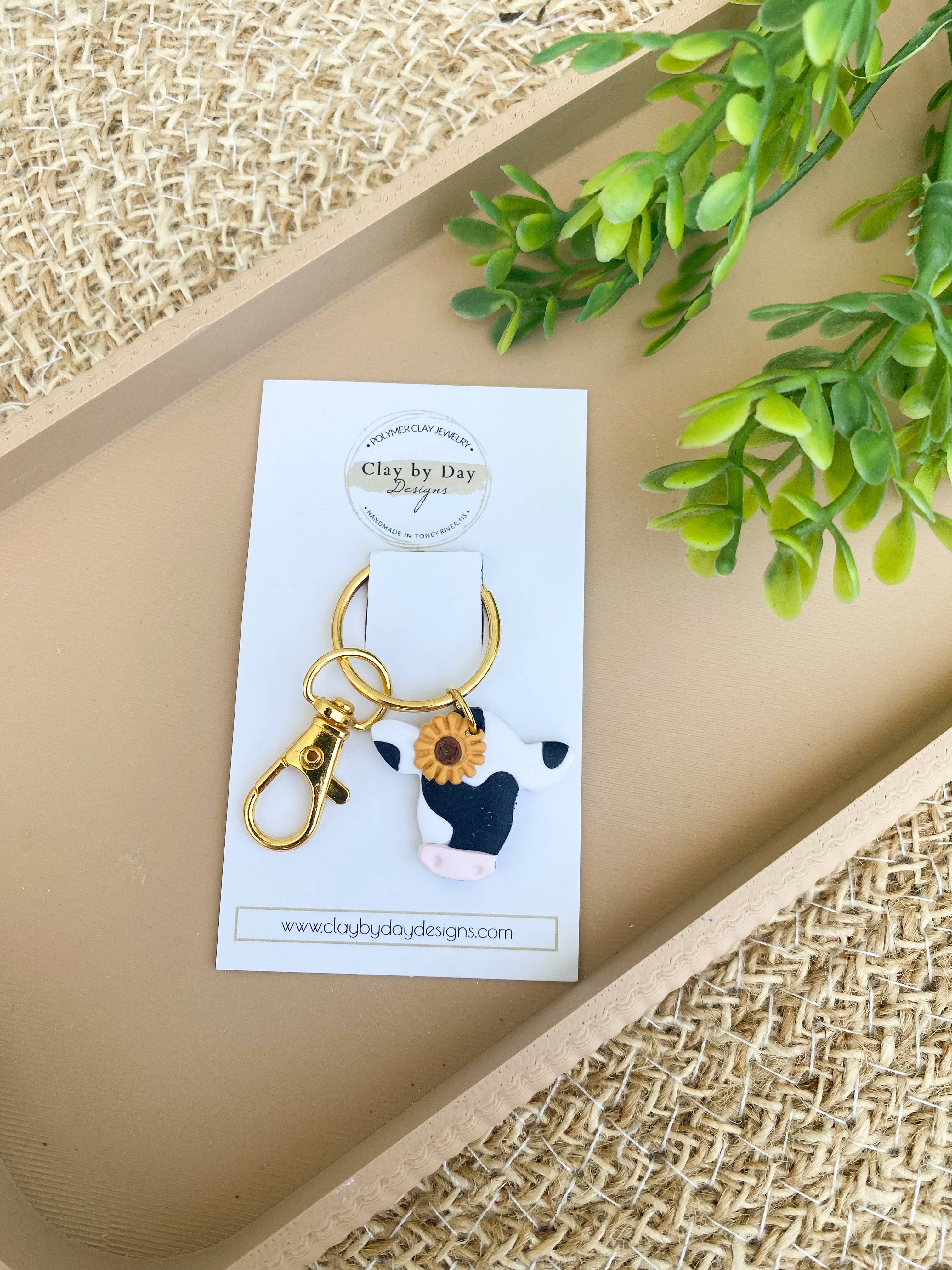 Clay by Day Designs - Vente Porte-clés – unisexe - Vache Florale - Porte-clés Western en Argile Polymère1