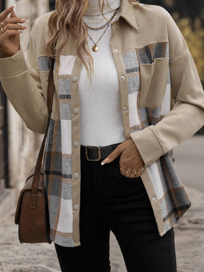 Turndown Neck Plaid Enknäppt höstvinterschacket för wholesale av Comely Fashion