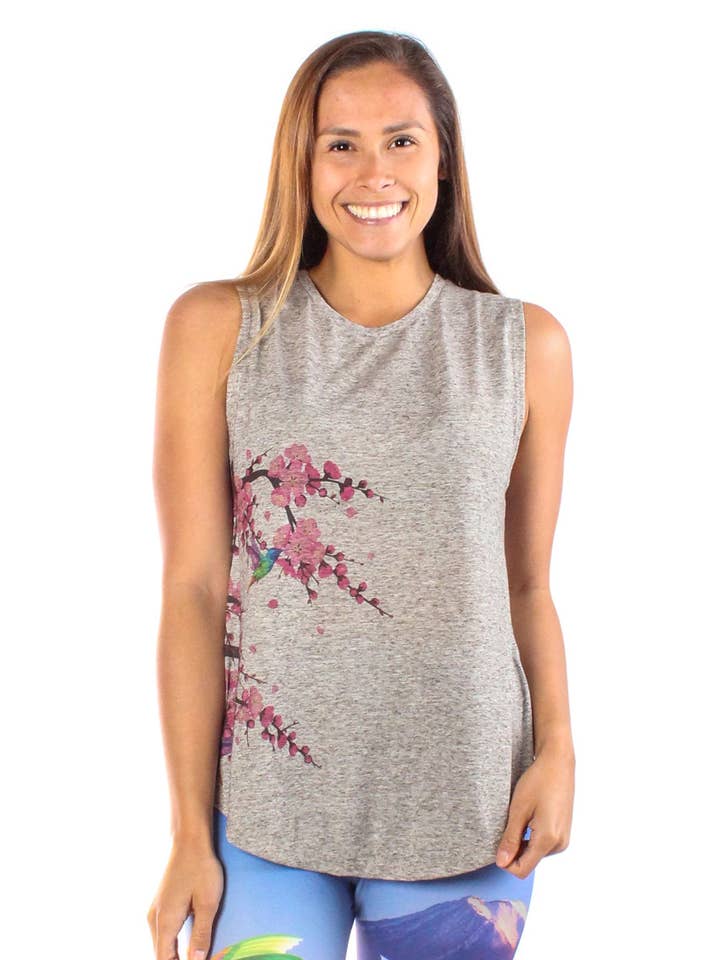 Cherry Blossoms With Hummingbirds Linen Blend Boyfriend Tee for wholesale by Third Eye Threads