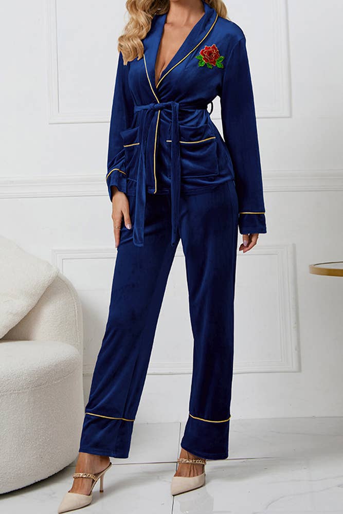 UNISHE - Vente Haut et bas de pyjama – femme - Ensemble de pyjama en velours brodé rose HYG0418