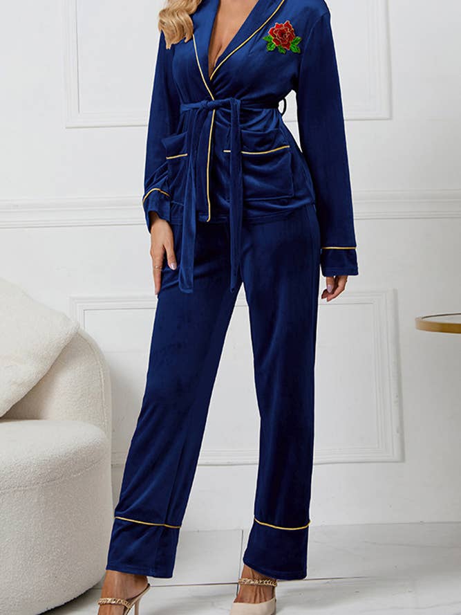 UNISHE - Vente Haut et bas de pyjama – femme - Ensemble de pyjama en velours brodé rose HYG0418