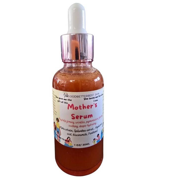 Mother's Serum for firming, wrinkles, pigmentation, glowing, soothing, hydrating with Alpha arbutin, Aloe vera, Spilanthes extract, Hyaluronic acid, Niacinamide, Panthenol, ferulic acid, Vit CE 1 oz for wholesale by gbb Goodbetterbest Skin