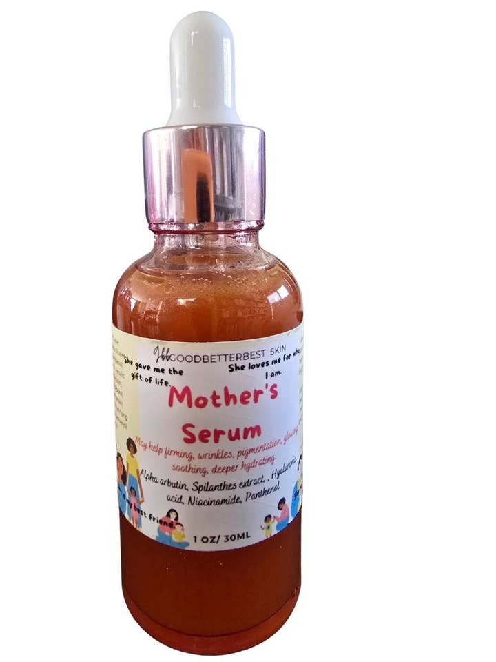 Sérum pour mère raffermissant, rides, pigmentation, éclat, apaisant, hydratant avec de l'alpha arbutine, de l'aloe vera, de l'extrait de spilanthes, de l'acide hyaluronique, de la niacinamide, du panthénol, de l'acide férulique, de la vitamine CE 1 oz pour la vente par gbb Goodbetterbest Skin