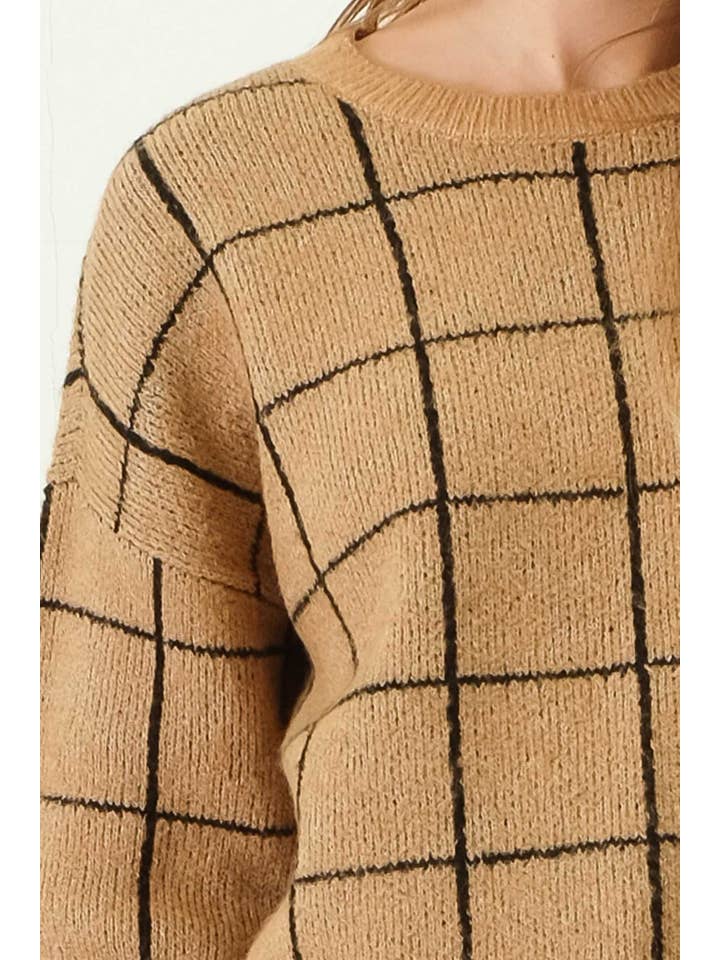 The Workshop Studio - Wholesale Knit Sweater - Women's - GRID PRINT CREW NECK KNIT PULLOVER SWEATER