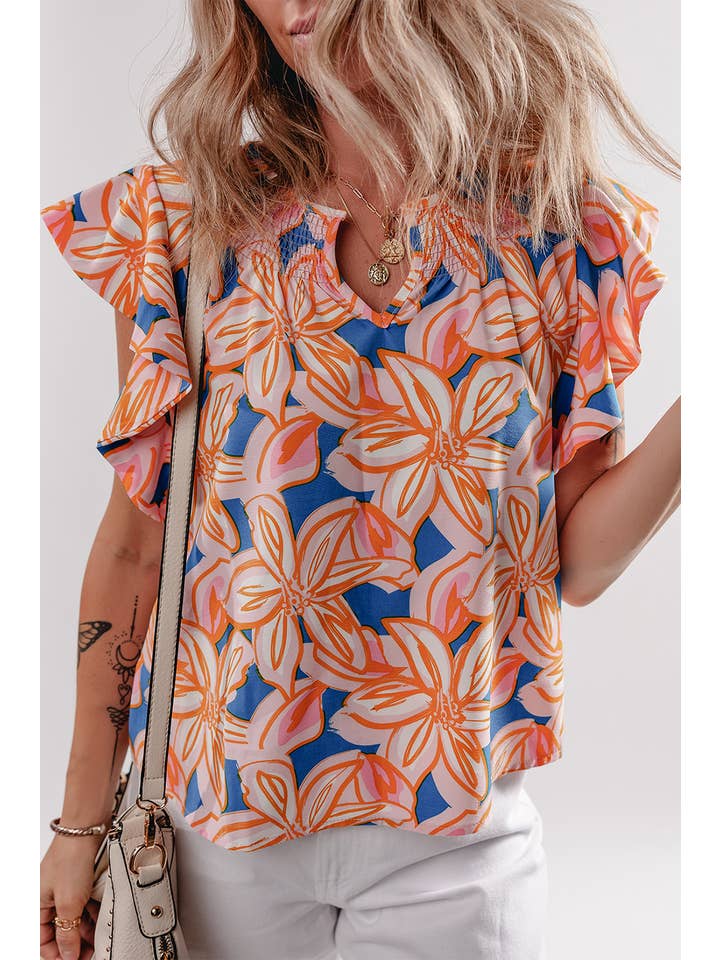 Orange Flower Print Notched Neck Ruffle Sleeve Blouse for wholesale on Faire
