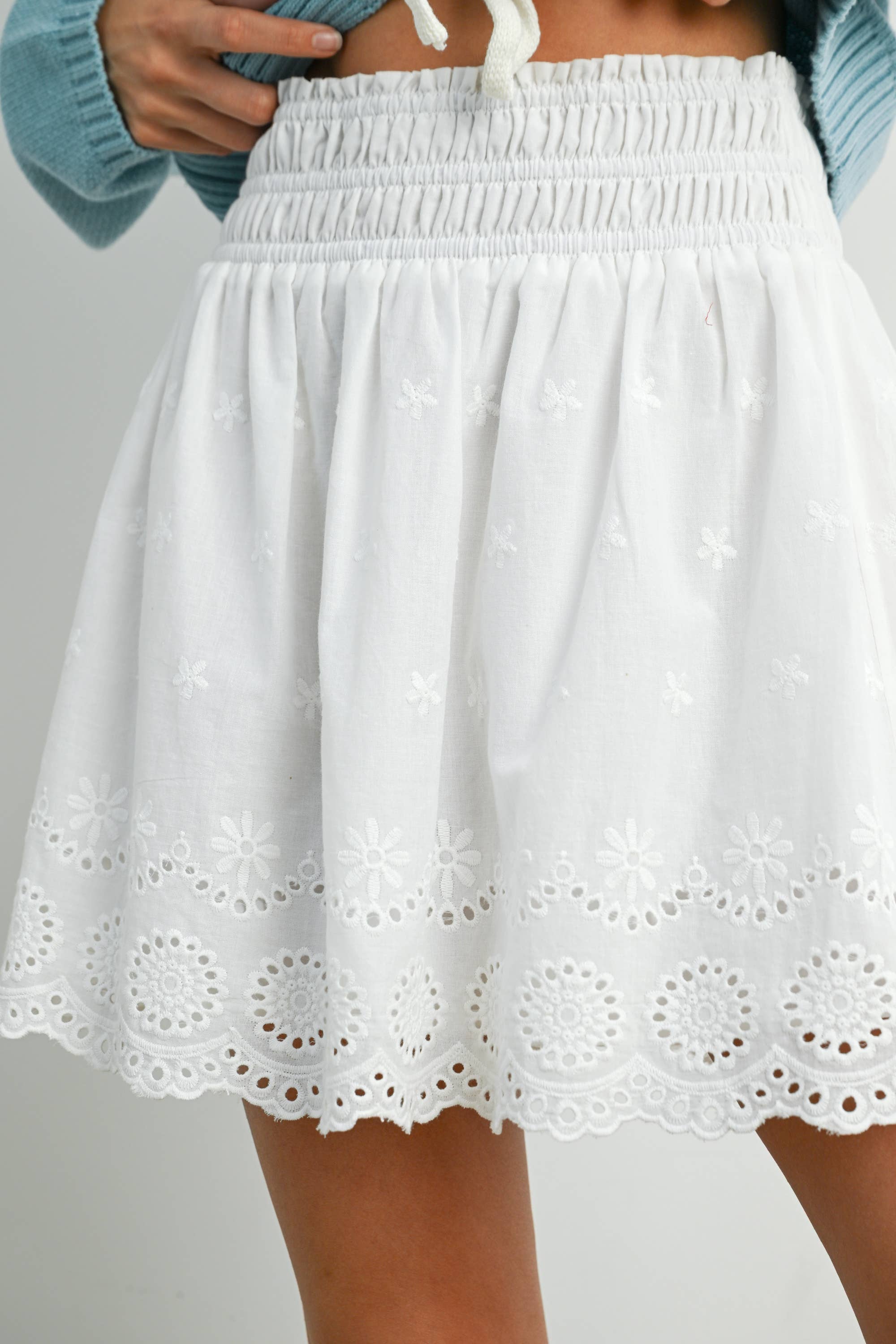 WHITE Eyelet Ruffle Smocked Skirt - BMS7764 for wholesale on Faire8