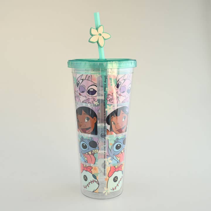 Silver Buffalo - Wholesale Drinking Glass/Cup - Lilo and Stitch Floral Character Grid 24oz Plastic Cold Cup