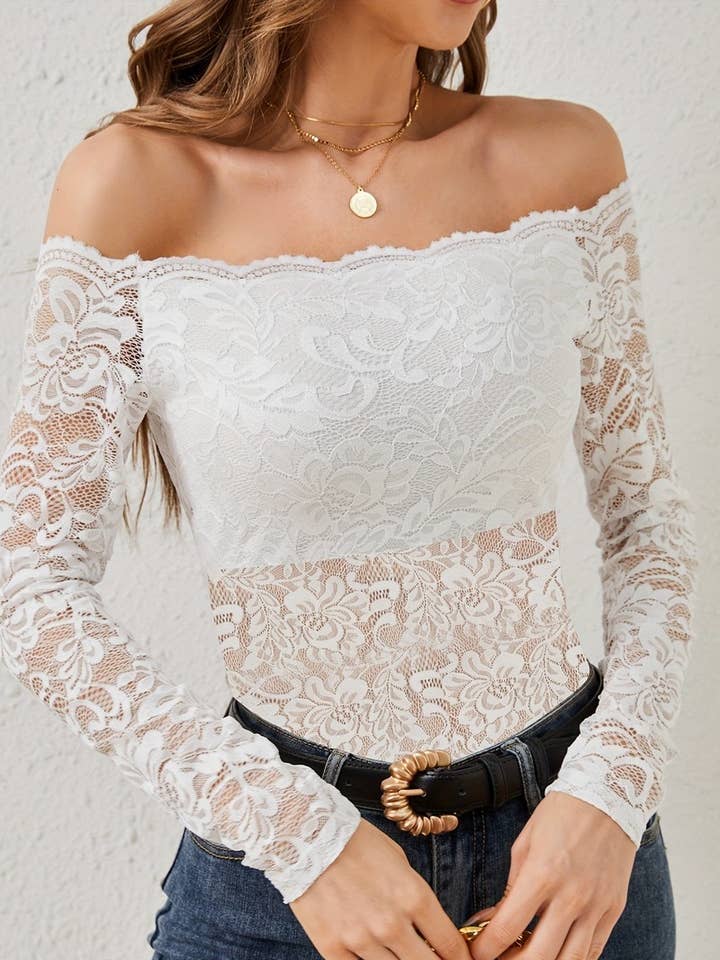 CWTBLL3469_SCALLOP NECK OFF SHOULDER LACE LONG SLEEVE TOP for wholesale by NINEXIS