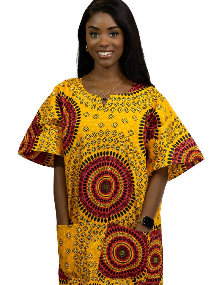 Camicia Dashiki con motivi a pois arancioni/Abito Dashiki - Top con stampa africana per la vendita all'ingrosso da parte di AfricanFabs