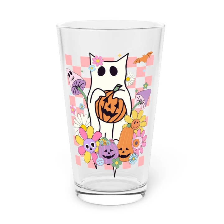 Halloween Ghost Cat Printed Tumbler Glass Cup for wholesale by Home and Honey Shop