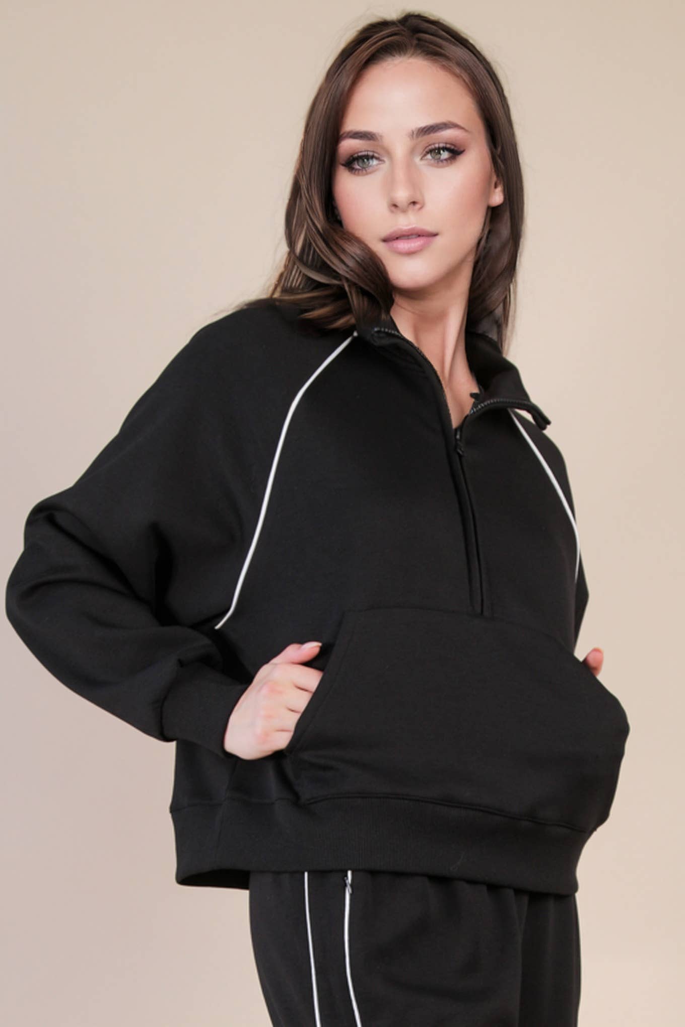 VERY J – Engroshandel Sweatshirt - Dame – NT12304-Halv lynlås med rørdetaljer strikket afslappet top6