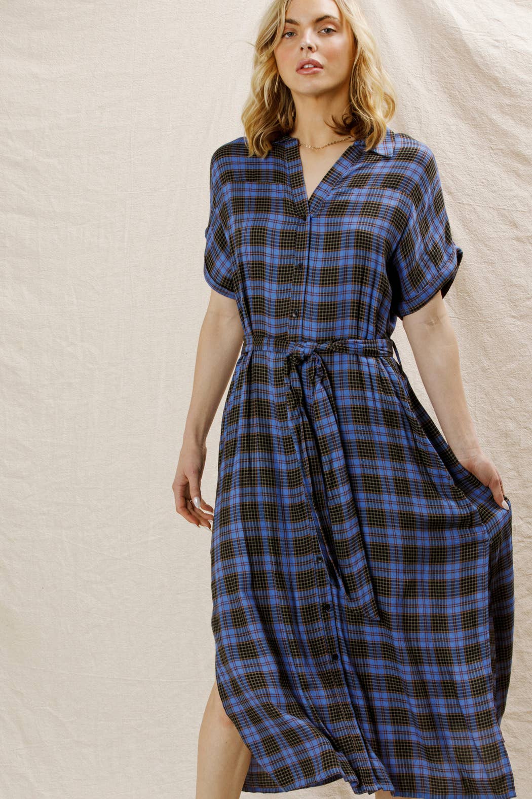 BLUE BLACK Plaid Button Down Belted Shirt Dress for wholesale on Faire5