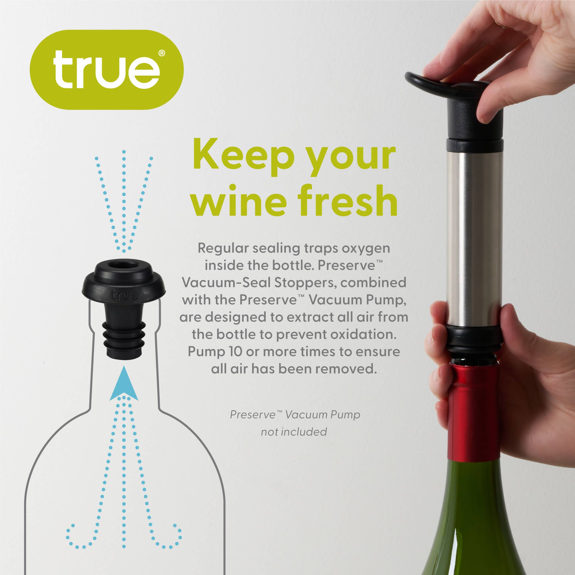 TRUE - Vente Bouchon de vin - Conservez le vin avec une pompe à vide et bouchons, ensemble de 3.13