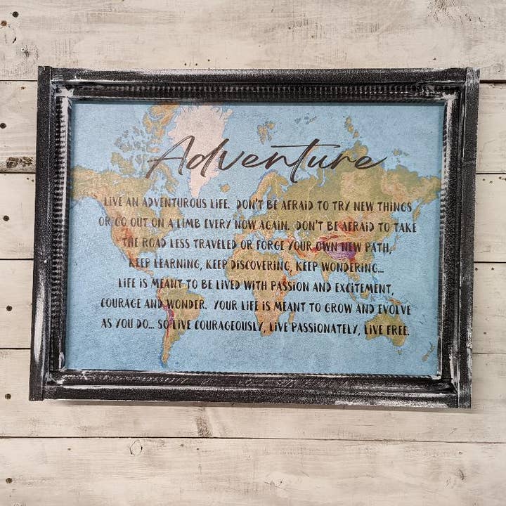Adventure World Map Farmhouse Sign for wholesale by 316 Legacy LLC