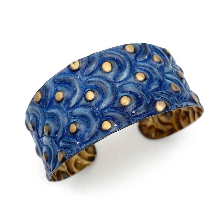 Brass Patina Bracelet - Cobalt Blue Waves and Dots for wholesale by Anju Jewelry