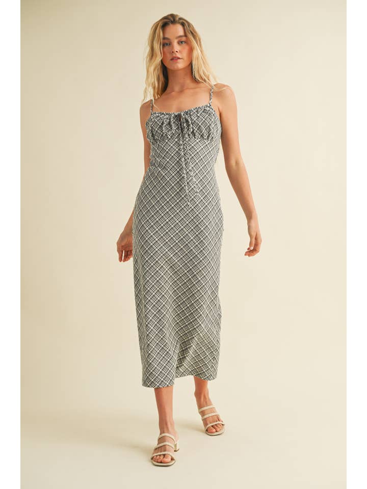 Mustard Seed - Wholesale Dress - Women's - TEXTURED PLAID DRAWSTRING NECK MIDI DRESS