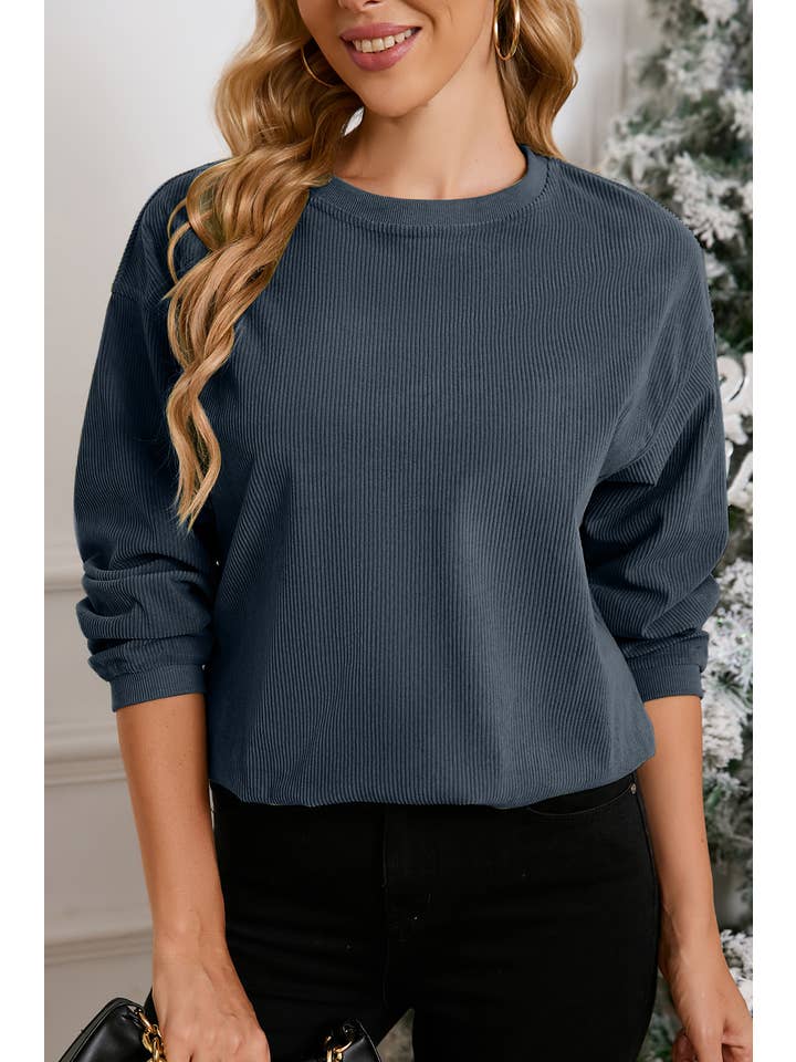 Aapparella - Wholesale Sweatshirt - Women's - Women Solid Corduroy Crewneck Loose Fit Sweatshirt | S-2XL
