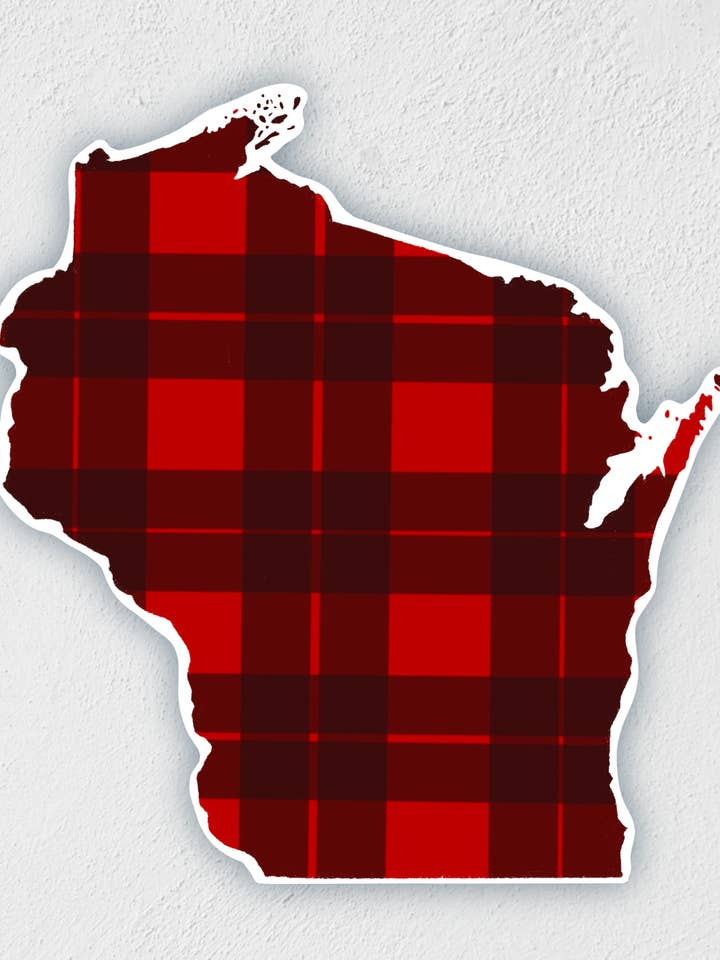 Wisconsin Red Check Plaid Sticker | Waterproof | WI State for wholesale by Little Rocks Design