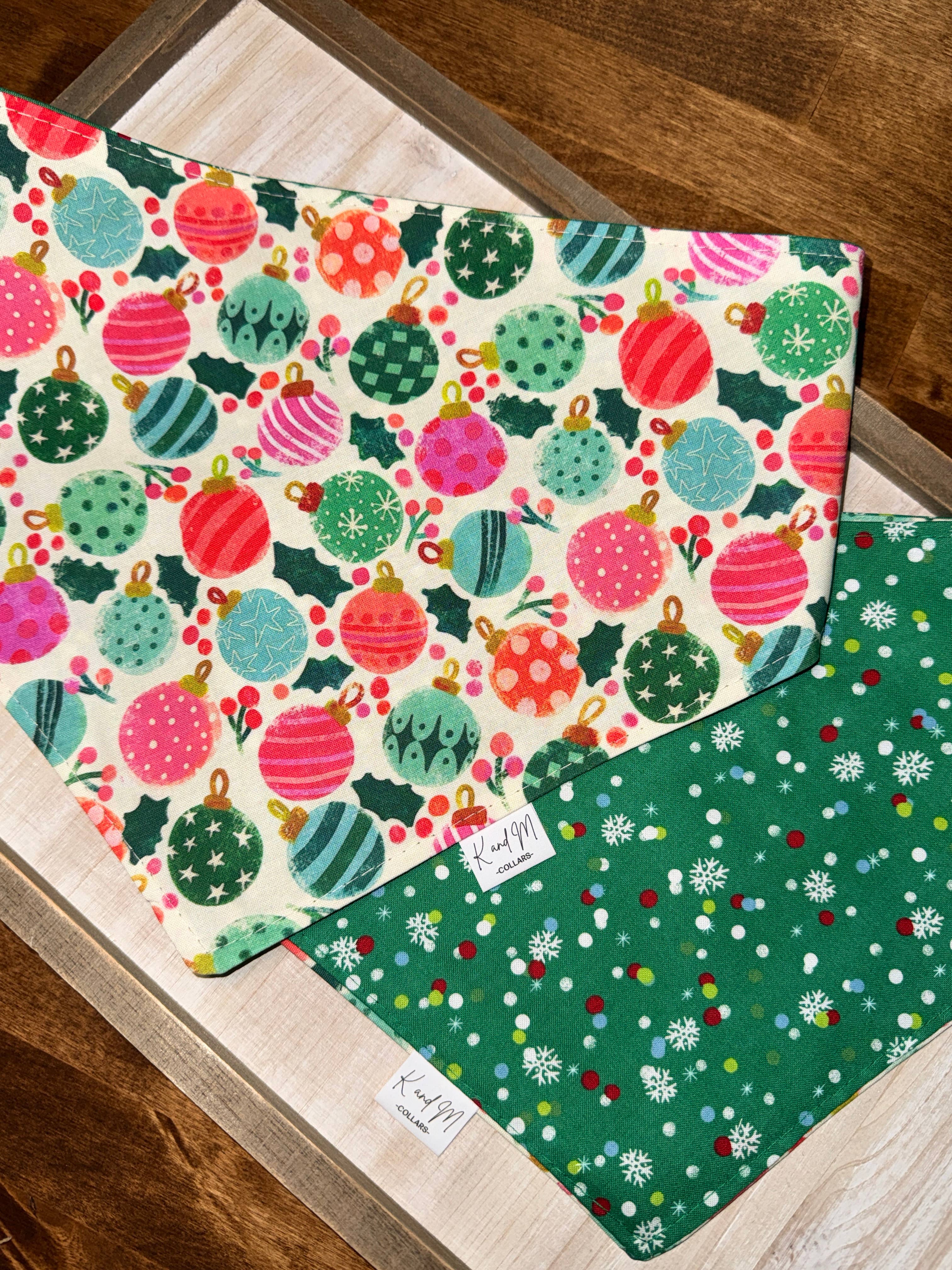 K and M Collars - Wholesale Pet Bandana - Dog - Watercolor Christmas Ornaments Dog Bandana, Reversible2