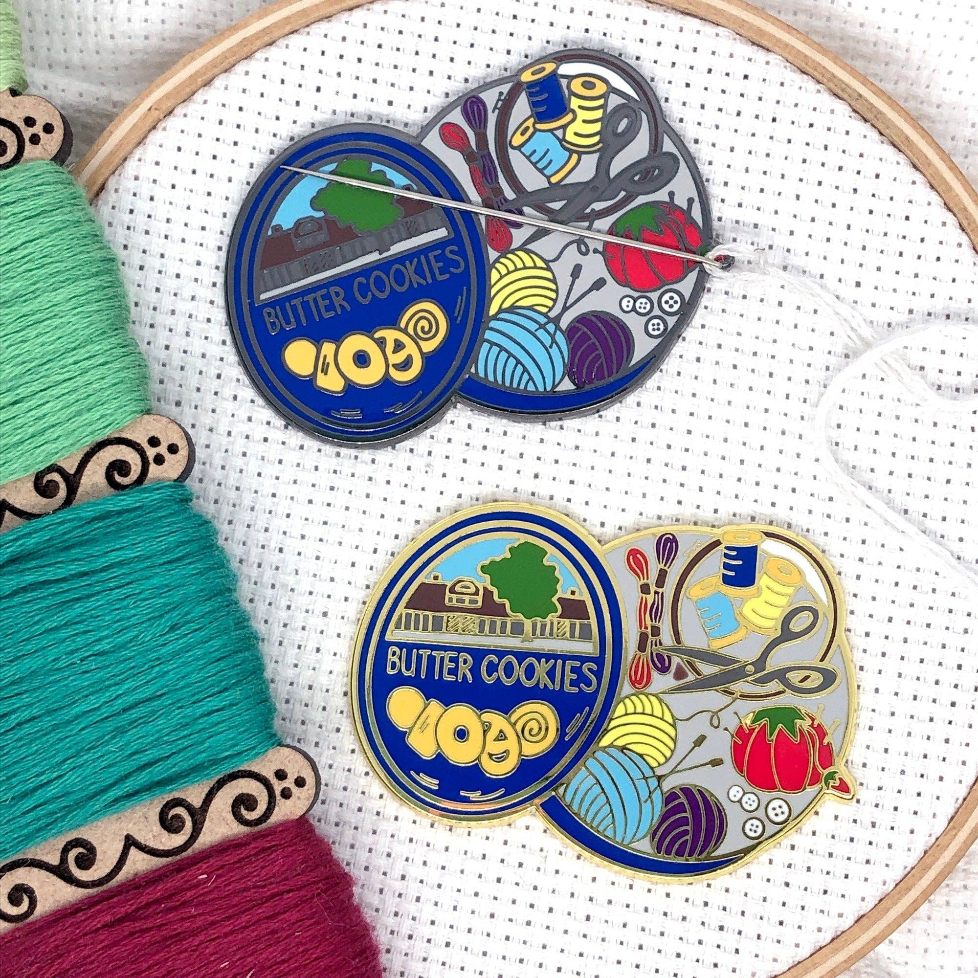 Snarky Crafter Designs – wholesale Knitting/Crochet Supplies – Cookie Tin Full of Sewing Notions Hard Enamel Magnetic Needle Minder1