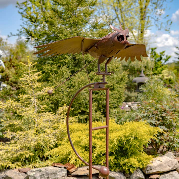 Zaer Ltd. International - Wholesale Outdoor Ornament/Decor - Large Iron Rocking Owl "Winslow with Moving Wings