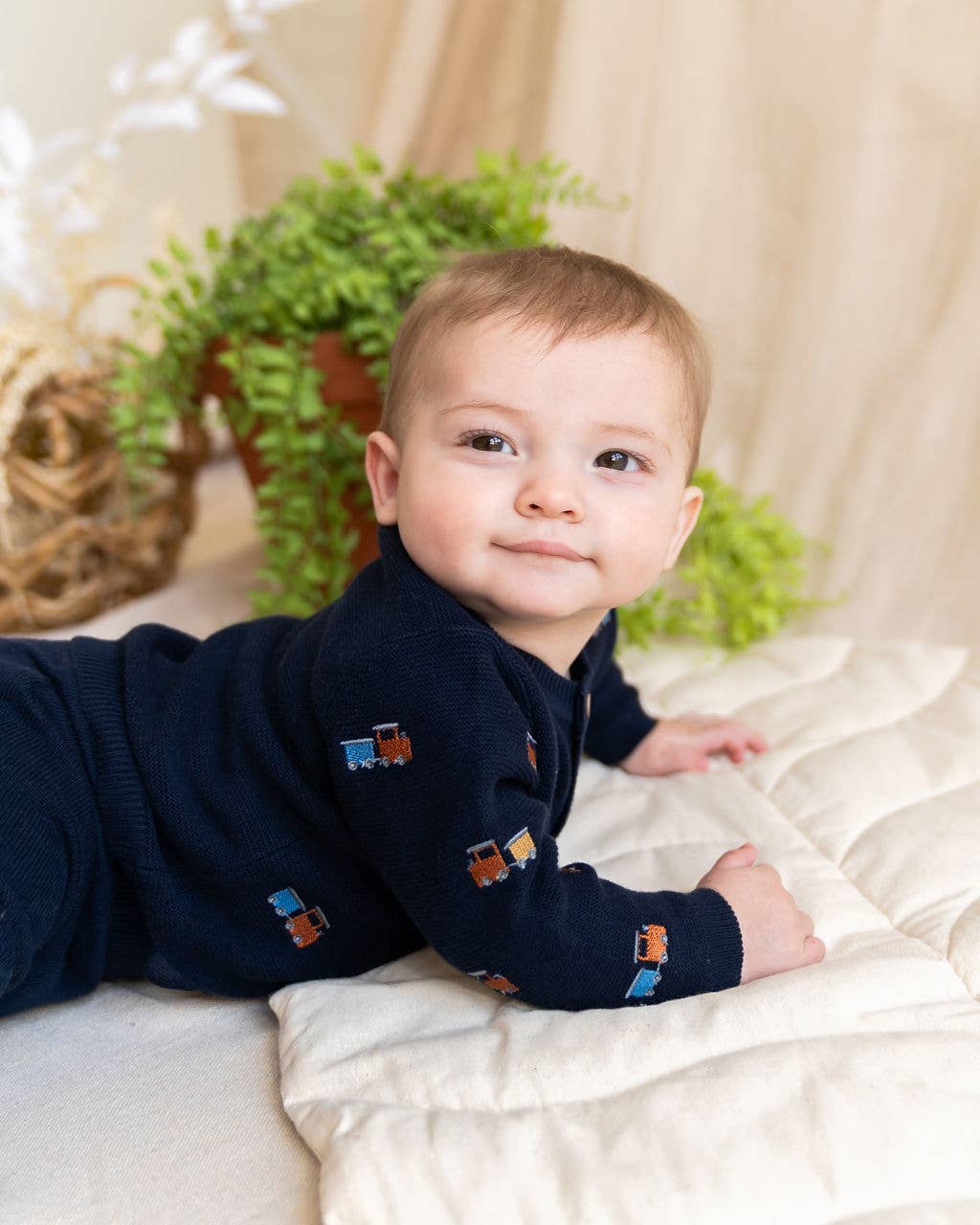 Navy Blue Train Embroidered Button Cardigan Baby Sweater (Organic) for wholesale on Faire5