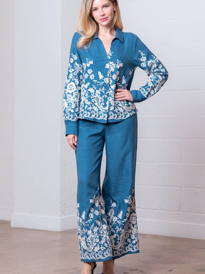 Taelynn - Wholesale Pants - Women's - HP35290T-BOARDER EMBO LONG WIDE PANTS WITH BACK BANDING9