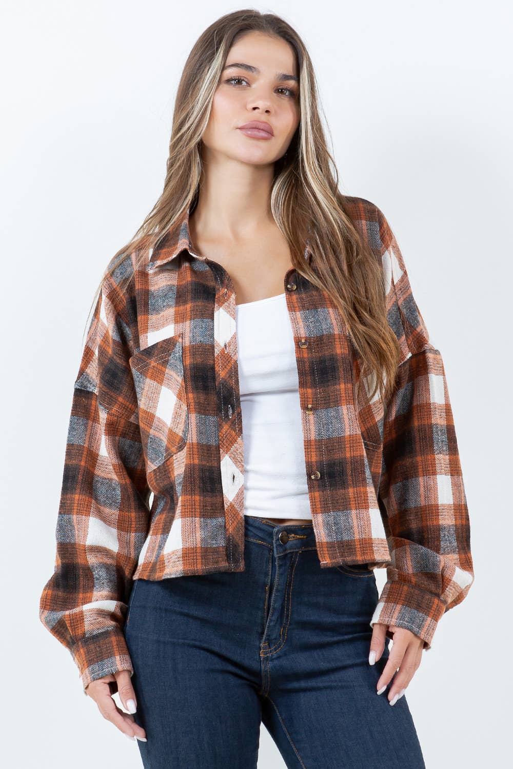 Veracci - Wholesale Button Down Shirt - Women's - Boxy Cropped Long Sleeve Plaid Over Shirt10