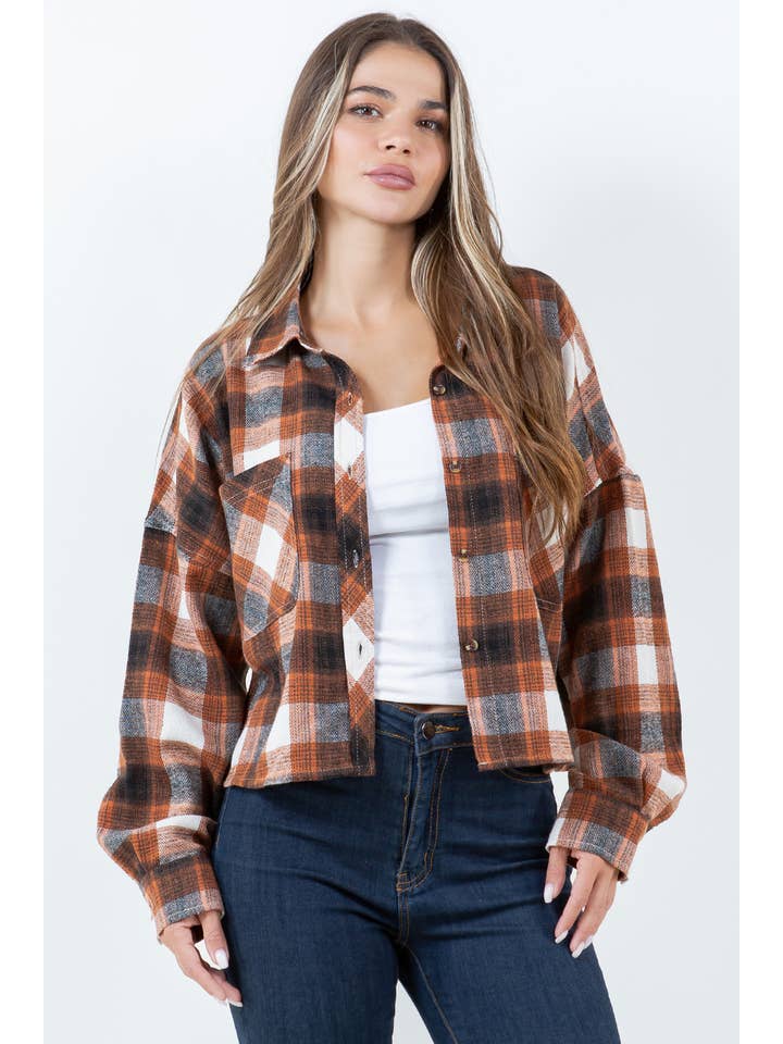 Veracci - Wholesale Button Down Shirt - Women's - Boxy Cropped Long Sleeve Plaid Over Shirt10
