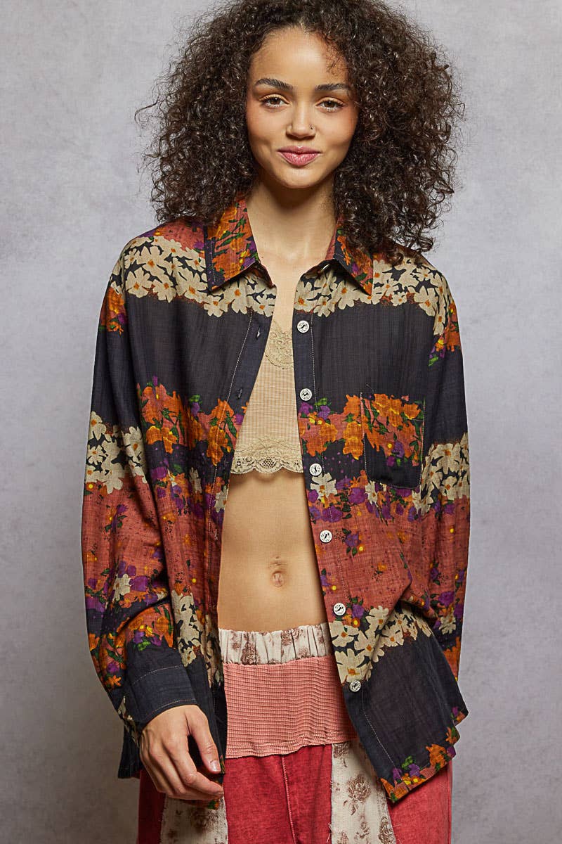 Pol Clothing - Vente Chemise à col boutonné – femme - Haut chemise tissé à manches longues imprimé floral19