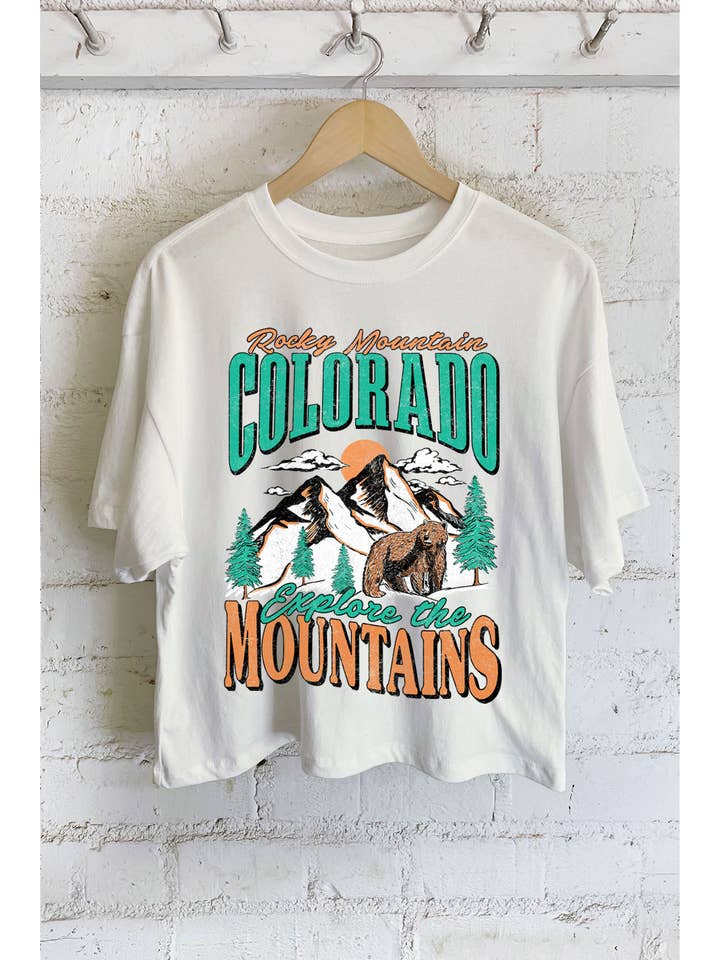 Rustee Clothing - Wholesale Screen Printed T-Shirt - Women's - COLORADO ROCKY MOUNTAIN GRAPHIC LONG CROP TOP